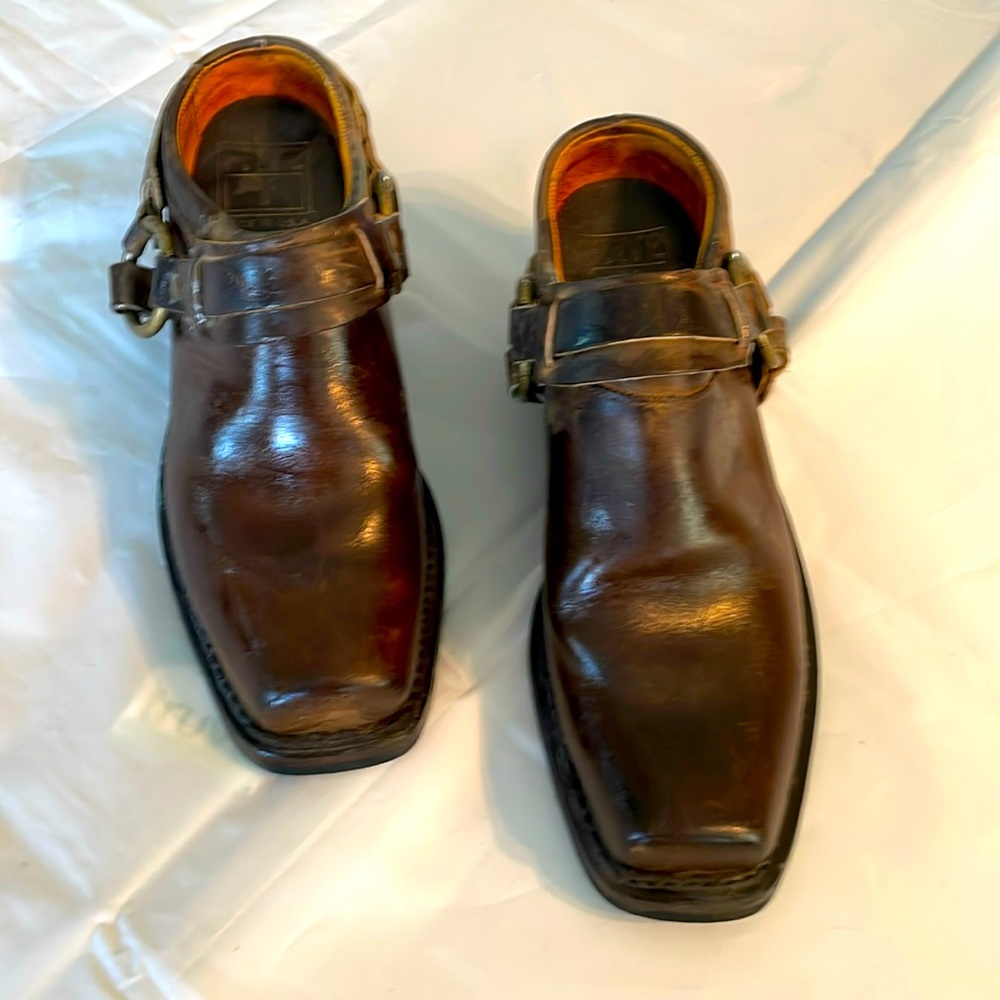 Frye brown leather harness belted clogs mules boots 8.5